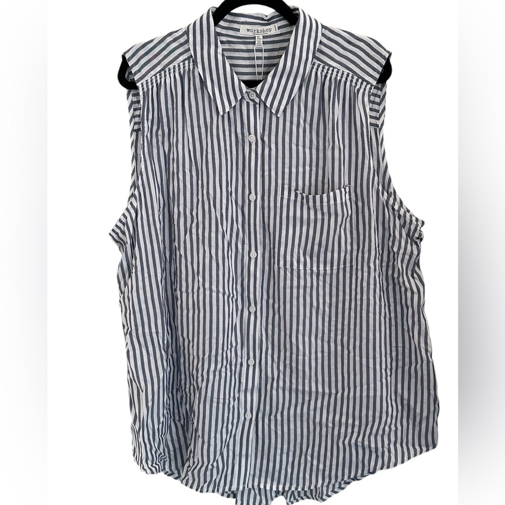 3X WORKSHOP REPUBLIC NWT BLUR/WHITE STRIPE SLEEVELESS COLLARED SHIRT BUTTON UP